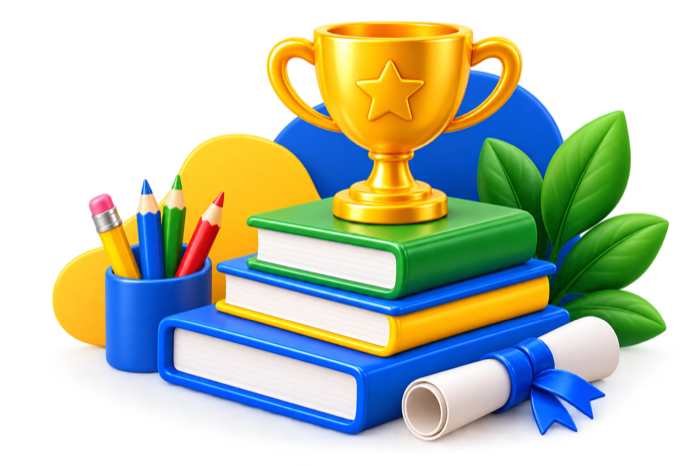 Trophy on stacked books with a diploma