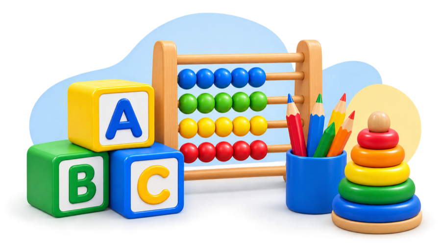 ABC blocks, an abacus and colouring pencils for early years learning