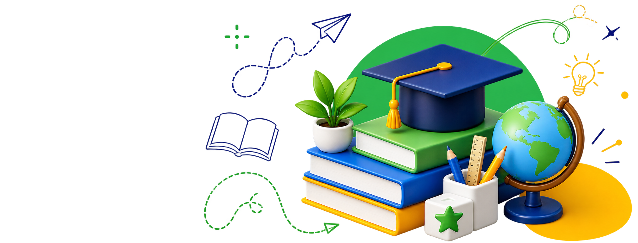 Graduation cap on stacked books with a globe, plant, pencils, and doodle sketches of learning icons